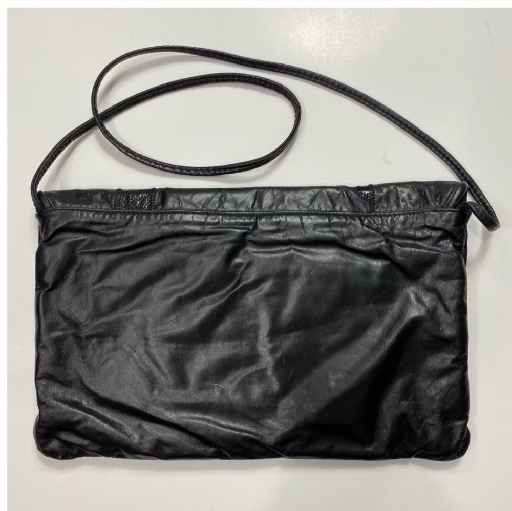 Vintage 70s Leather & Snakeskin Envelope Handbag Black Perforated Velvet Lined - Picture 9 of 14